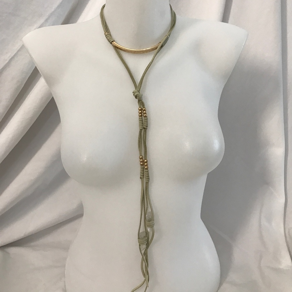 Gray leather like  gold bar karma choker quartz necklace new